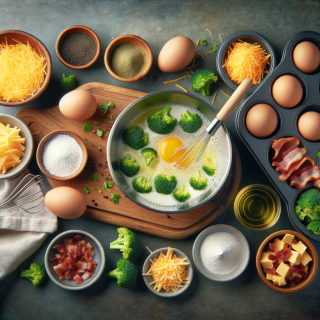Bacon, cheddar, broccoli, salt and various kitchen implements displayed in an artistic manner.