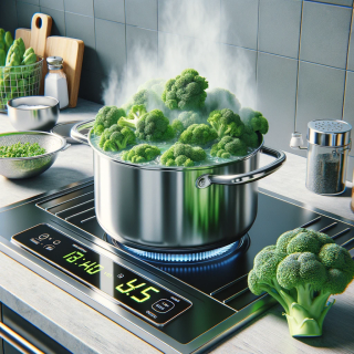 A large pot of broccoli steaming and boiling on a stovetop