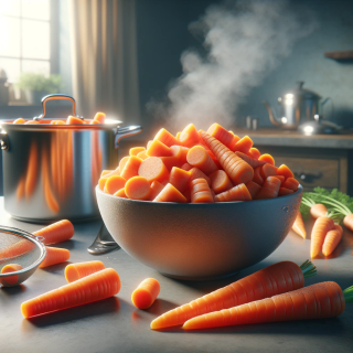A large bowl of steaming, just-cooked carrot pieces.