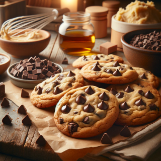 Freshly baked chocolate-chip cookies on a wooden countertop surrounded by choclate chips, chunks and other ingredients.