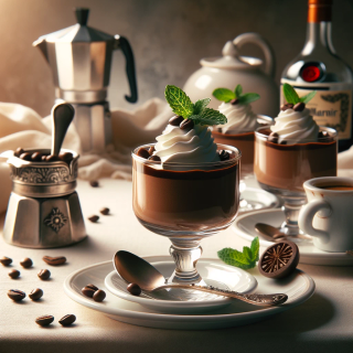 An image of a dessert setting featuring individual glass cups of chocolate mousse with whipped cream on top, each garnished with a mint leaf and espresso beans. A silver espresso maker, a white teapot, and a bottle of Grand Marnier are in the background, on a table with a white floral-patterned tablecloth. Each cup is on a small plate with a spoon beside it, under soft, warm lighting.