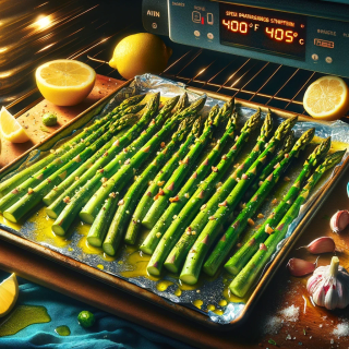 A tray of uncooked asparagus on an oven rack. An obviously incorrect (machine-generated) temperature display reads 400°F 405°C (should be 205°C).