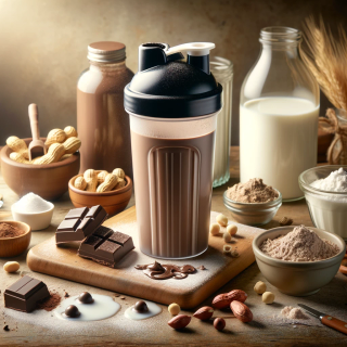 A peanut butter chocolate protien shake in a shaker bottle surrounded by ingredients like chocolate squares, peanuts and milk.