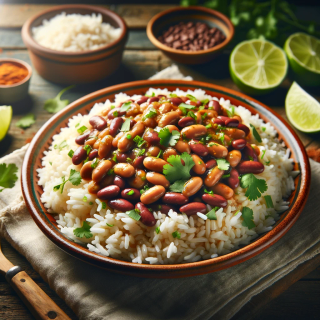 A bowl with rice and beans garnished with cilantro rests on a table