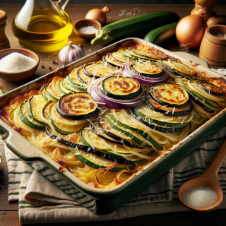 A casserole dish containing vegetable gratin rests on a table surrounded by parmesan cheese, olive oil, zucchini, onion, and a spoonfull of salt