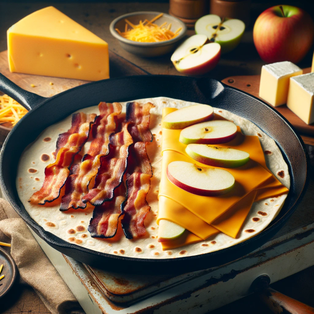 A cast-iron skillet containing an open-faced quesadilla cooking with bacon and apple slices on top.