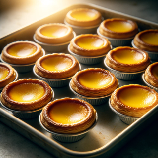 14 golden-brown egg tarts in tins on a baking sheet.