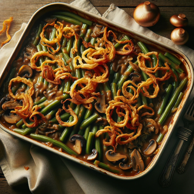 A casserole dish on a counter containing a green bean, mushroom casserole with fried onions over the top.