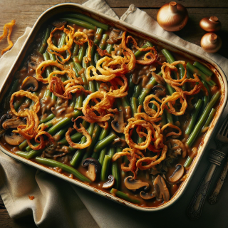 A casserole dish on a counter containing a green bean, mushroom casserole with fried onions over the top.