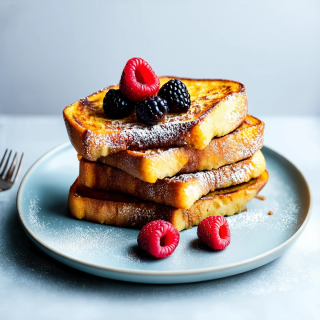 A stack of golden-brown French toast, garnished with berries.