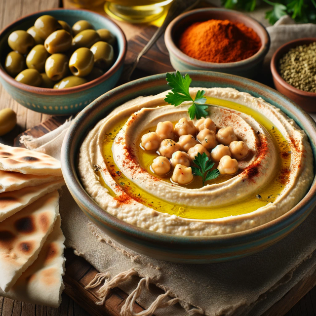 a bowl of creamy, freshly made hummus