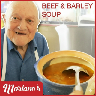 Mariano's Beef & Barley Soup - YouTube thumbnail showing Mariano with a rustic ceramic pot of rich amber-colored beef and barley soup