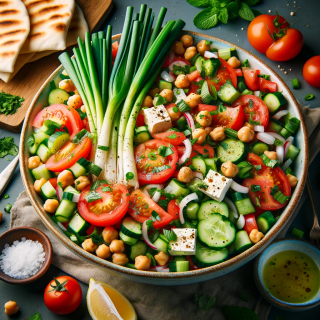 An over-the-top rendering of a chickpea, tomato, cucumber and feta salad.