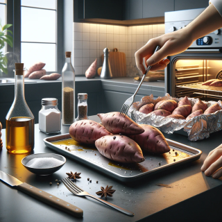 A baking sheet filled with golden brown oven roasted sweet potatoes.