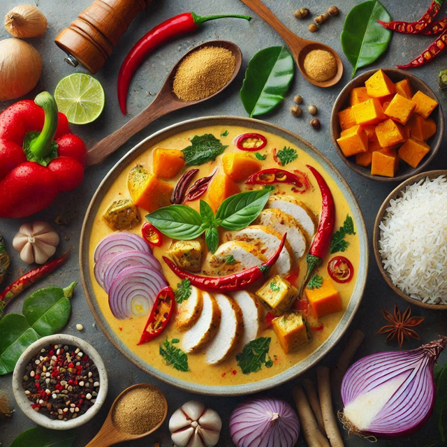 A bowl of vibrant red curry with colorful vegetables and fresh herbs, served with jasmine rice