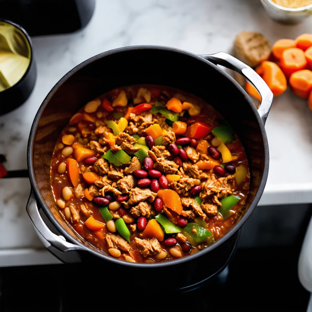 A steaming bowl of chili with colorful bell peppers and turkey.