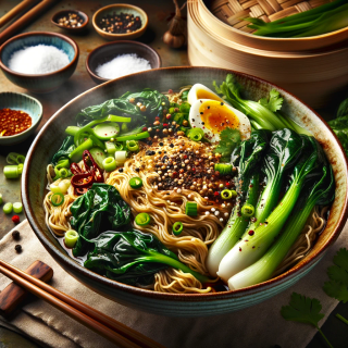A hot bowl of noodles and vegetables, surrounded by small dishes of peppercorns and salt.